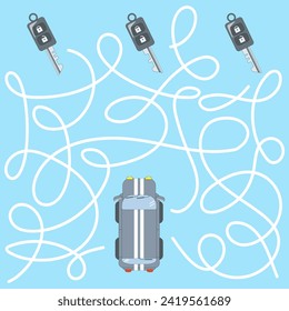 Maze educational game. Find out which key starts the car. Cartoon vector illustration for children's entertainment.