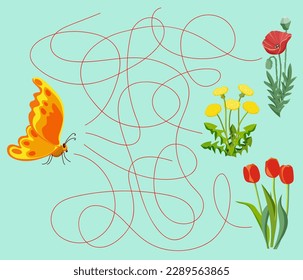 Maze educational game. Find which flower the orange butterfly will go to. Cartoon vector illustration for children's entertainment. svg