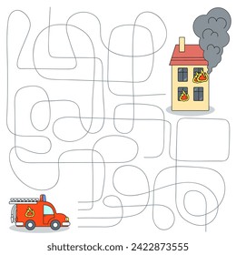 Maze educational game. Help the fire truck reach the house and put out the fire. Cartoon vector illustration for children's entertainment. Activity book.