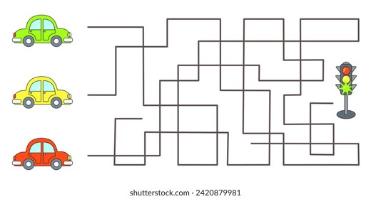 Maze educational game. Which car will reach the traffic light. Cartoon vector illustration for children's entertainment. Activity book.