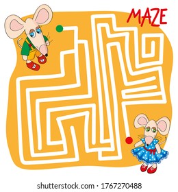 Maze, an educational logic game for children with cute mice. Puzzle, educational vector illustration, cartoon.