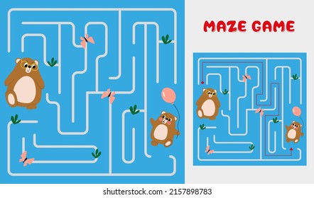 Maze, an educational logic game for children. Help the big bear and the little bear to meet. Puzzle, educational vector illustration, cartoon, flat design.
