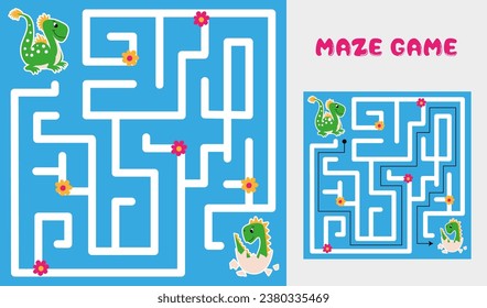 Maze, an educational logic game for children. Help the little dinosaur to meet his mother. Puzzle, educational vector illustration, cartoon, flat design.