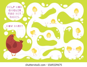 Maze Educational mini game. Help mom find the chickens. How many. Vector colorful childish illustration in simple cartoon style.