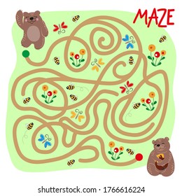 Maze, un juego de rompecabezas educativo para niños con osos lindos, miel, abejas, flores y mariposas.
Rompecabezas, ilustración educativa vectorial, caricatura.