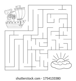 Maze with elephant steering ship. Educational children game. Vector illustration.