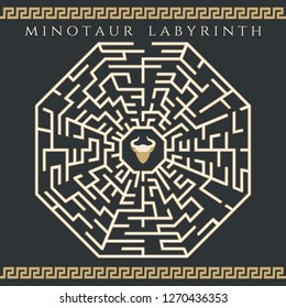 Maze enigma. Vector labyrinth game, ancient map jigsaw or circle rebus with minotaur icon