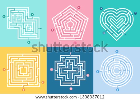 Maze entrance. Find right way, kids labyrinth game and choice mazes entrances letters. Lost way entrance rebus, maze destination paths riddle vector illustration set