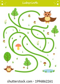 Maze. Find the right path for owl. Game for kids. Puzzle for children. Color vector illustration. Education worksheet.