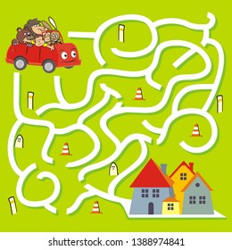 Maze, find the right way to the city. Vector picture.