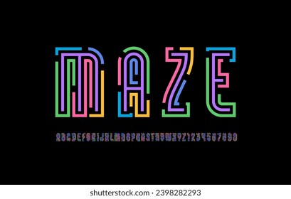 Tipo de letra Maze a partir de la línea de brecha, alfabeto con laberinto brillante, líneas multicolor letras cortadas y números, ilustrador vectorial 10 pasos