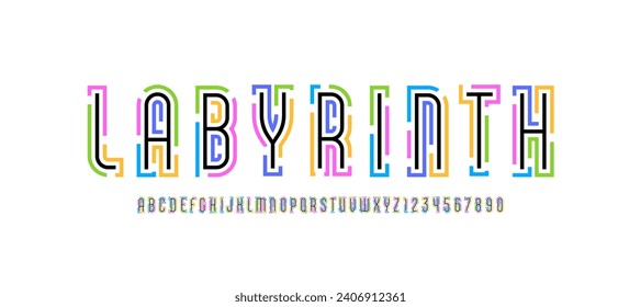 Maze font from gap line, alphabet with bright labyrinth, multi-colored lines cut letters and numbers, vector illustrator 10 eps