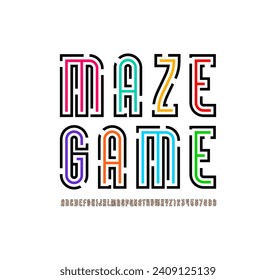 Maze font from gap line, alphabet with bright labyrinth, multi-colored lines cut letters and numbers, vector illustrator 10 eps