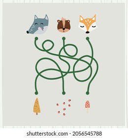 Maze with forest animals . Find right way. Kids mini game for development.