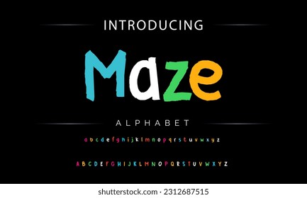 Maze Funky colorful cartoon font type. Vector alphabet