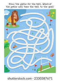 Maze game, activity for children. Draw paths for the ball. Which path will it take to get to the goal? Vector illustration. Cute gorilla playing rugby. Animals and sports. 