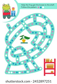 Maze game, activity for children. Follow this pattern. Vector illustration. Picture frog in car. Cute animals. Cartoon characters.