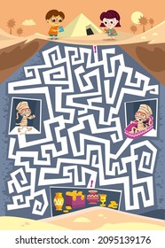Maze game, activity for children. Help archaeologists find room with pharaoh's jewels. Watch out for mummies. Vector illustration.