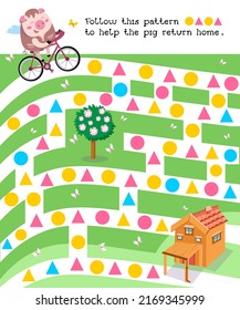 Maze game, activity for children. Game for children. Help animal to return home. Laughing cute pig on bike. Vector illustration.