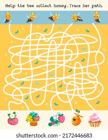 Maze game, activity for children. Help the bee collect honey. Follow her path. Vector illustration in cartoon style.