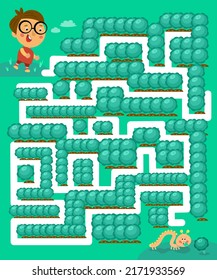 Maze game, activity for children. Game for kids. Help the boy catch the caterpillar in the cabbage garden. Vector illustration.