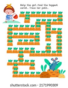 Maze game, activity for children. Game for kids. Help the girl find the biggest carrot. Trace her path. Vector illustration.