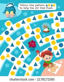 Maze game, activity for children. Game for kids. Follow this pattern to help the elf find the sack of flour. Vector illustration.