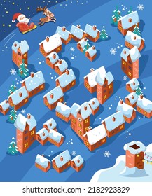 Maze game, activity for children. Game for kids. Help Santa Claus find the right path to the chimney to drop his Christmas present into it. Vector illustration.