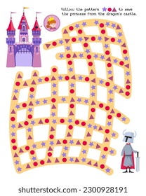 Maze game, activity for children. Puzzle for kids. Follow the pattern, draw lines. Princess in castle and knight in armor. Vector illustration.