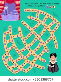 Juego de Maze, actividad para niños. Rompecabezas para los niños. Sigue el patrón, dibuja líneas. Ayude al actor a encontrar el escenario del teatro. Ilustración vectorial. 