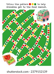 Juego de Maze, actividad para niños. Rompecabezas para los niños. Sigue el patrón, dibuja líneas. Ayude a la abuela a llegar al mercado de alimentos. Ilustración vectorial.  