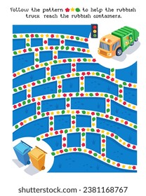 Maze game, activity for children. Puzzle for kids. Follow the pattern, draw lines. Rubbish truck and waste sorting. Vector illustration. 