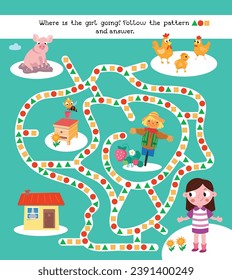 Maze game, activity for children. Puzzle for kids. Follow the pattern, draw lines. Vector illustration. Cute characters. Funny pets.