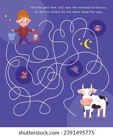 Maze game, activity for children. Puzzle for kids. Vector illustration. Cute characters. Find the path that will lead the milkmaid to the cow. 