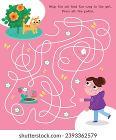 Maze game, activity for children. Puzzle for kids. Vector illustration. Cute characters. Help the cat find the girl. Find the all paths. 