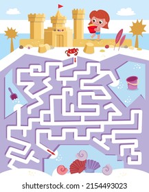 Maze game, activity for children. Vector illustration. Find path for crab. Cute girl builds sand castle on beach in summer.