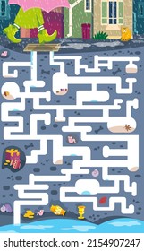 Maze game, activity for children. Vector illustration. Find the ways in which rainwater will fall into the underground river.