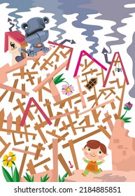 Maze game, activity for children. Vector illustration in cartoon style. Help the iron robot get out of the destroyed house and become kinder.