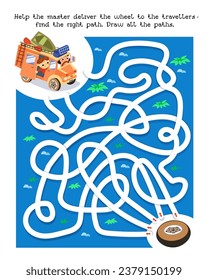 Maze game, activity for children. Vector illustration. Puzzle for kids. Help the master to deliver the wheel to travellers. Cute cartoon car with driver behind the wheel. 