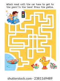 Maze game, activity for children. Vector illustration. Puzzle for kids. Cute cartoon car with driver behind the wheel. 