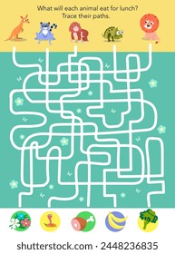 Maze game, activity for children. Vector illustration. African Australian animals and lunch. Tracing of paths. Cartoon cute characters. 