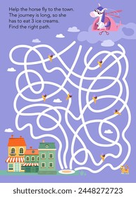 Maze game, activity for children. Vector illustration. Сute horse on helicopter in town. Tracing of paths. Cartoon cute characters.