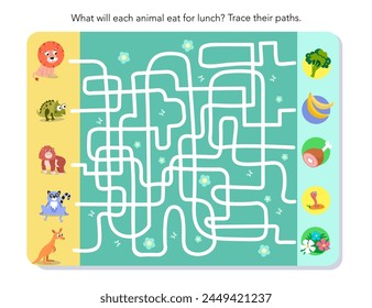 Maze game, activity for children. Vector illustration. African Australian animals and lunch. Tracing of paths. Cartoon cute characters. 