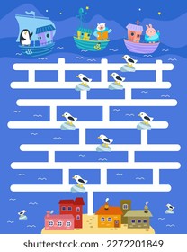 Juego de Maze, actividad para niños. ¿Cuál de los animales va a la ciudad? Dibuja su camino. Oso, pingüino y conejo en botes. Aventura marítima. Ilustración vectorial.