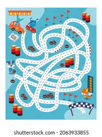 Maze game, activity for kids. Draw each path the racers will take. Which racer will win the competition. Vector illustration.