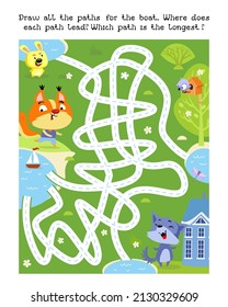 Juego de Maze, actividad para los niños. Dibuja todos los caminos para el barco. ¿A dónde conduce cada camino? ¿Cuál es el camino más largo? Ilustración vectorial.