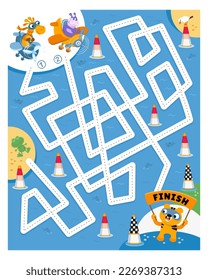 Maze game, activity for kids. Draw each path. Which pilot win competition. Cute giraffe and hippo on plane. Air race. Vector illustration.