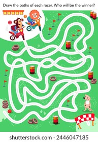 Juego de laberinto, actividad para niños. Traza, nombre ganador. Mono lindo y león en moto. Ilustración vectorial.