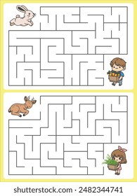 Labyrinth-Spiel-Aktivität für Kinder: Finde den Weg, um dem Tierpfleger zu helfen, Gras zu den Hirschen und Karotten zum Kaninchen zu bringen. Spaß für Kinder im Vorschulalter. Spiel-Arbeitsblatt.