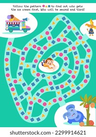 Maze game, activity for kids. Puzzle for children. Follow the pattern, draw line. Cute boy, animals and ice cream truck. Vector illustration.